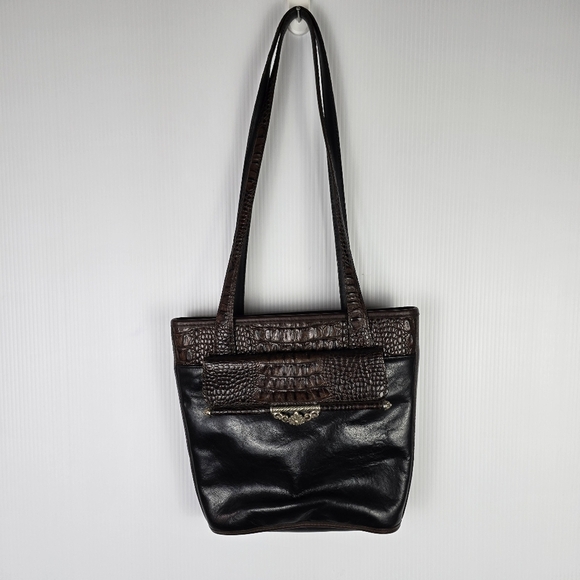 Brighton Croc Embossed Leather Shoulder Bucket Bag Black And Brown Vintage - Picture 1 of 10